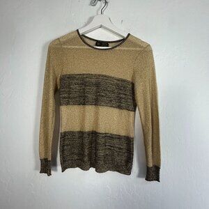 Zazy Paris Womens Colorblock Black Gold Metallic Sweater Crew Neck Pullover